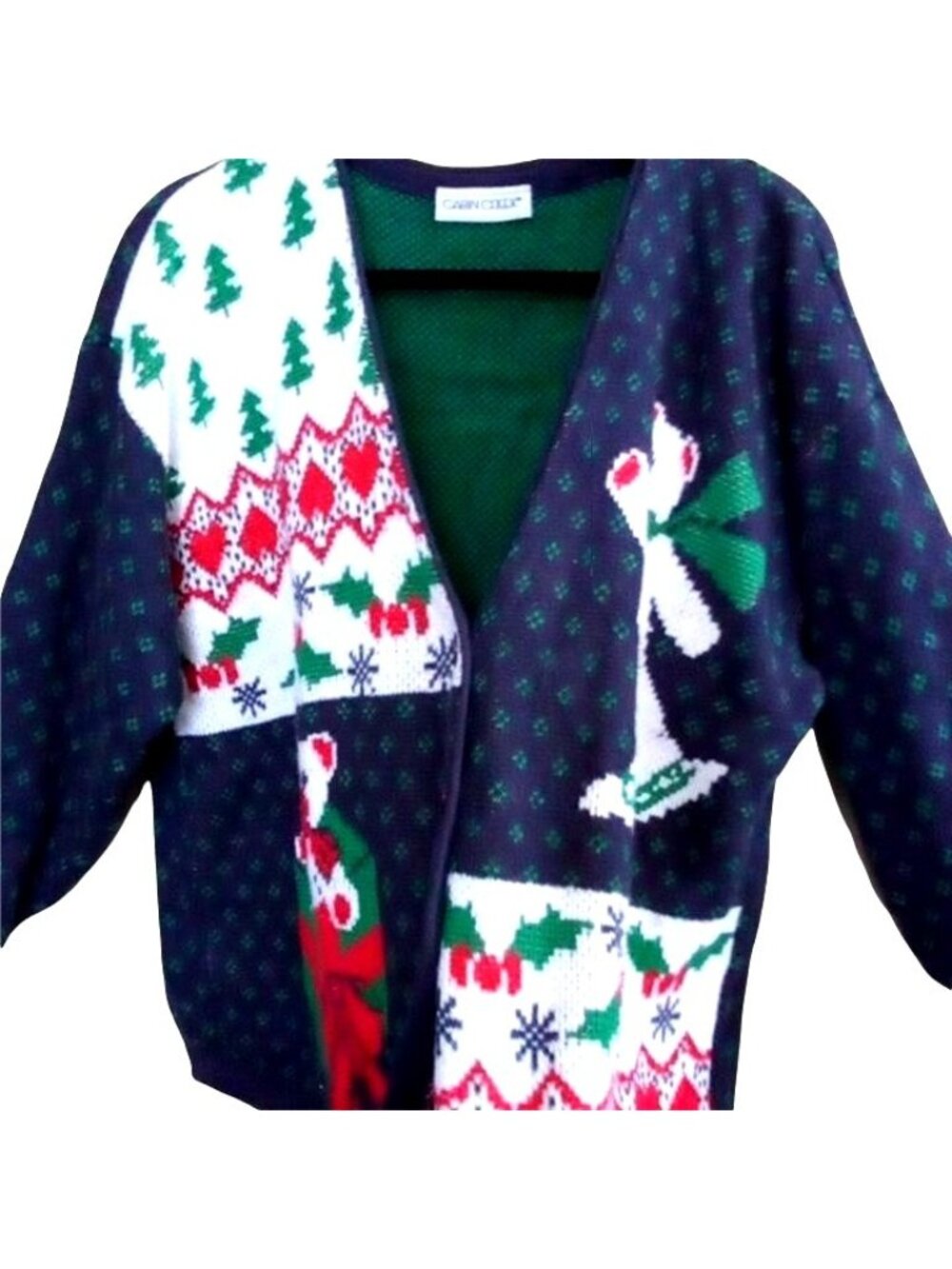 90s Teddy Bear Christmas Sweater Cardigan 2X Knit Blue Red Granny Holiday Party